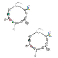 Gift Set of 2 - Snake Chain Bracelet with Interchangeable 12 pcs Charms with Crystal in Silvertone (7.0-9.0In)