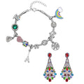 Gift Set - Multi Color Austrian Crystal Snake Chain Bracelet with Interchangeable 12 pcs Charms (7.0-9.0In) and Earrings in Silvertone - Sticky add to cart bar