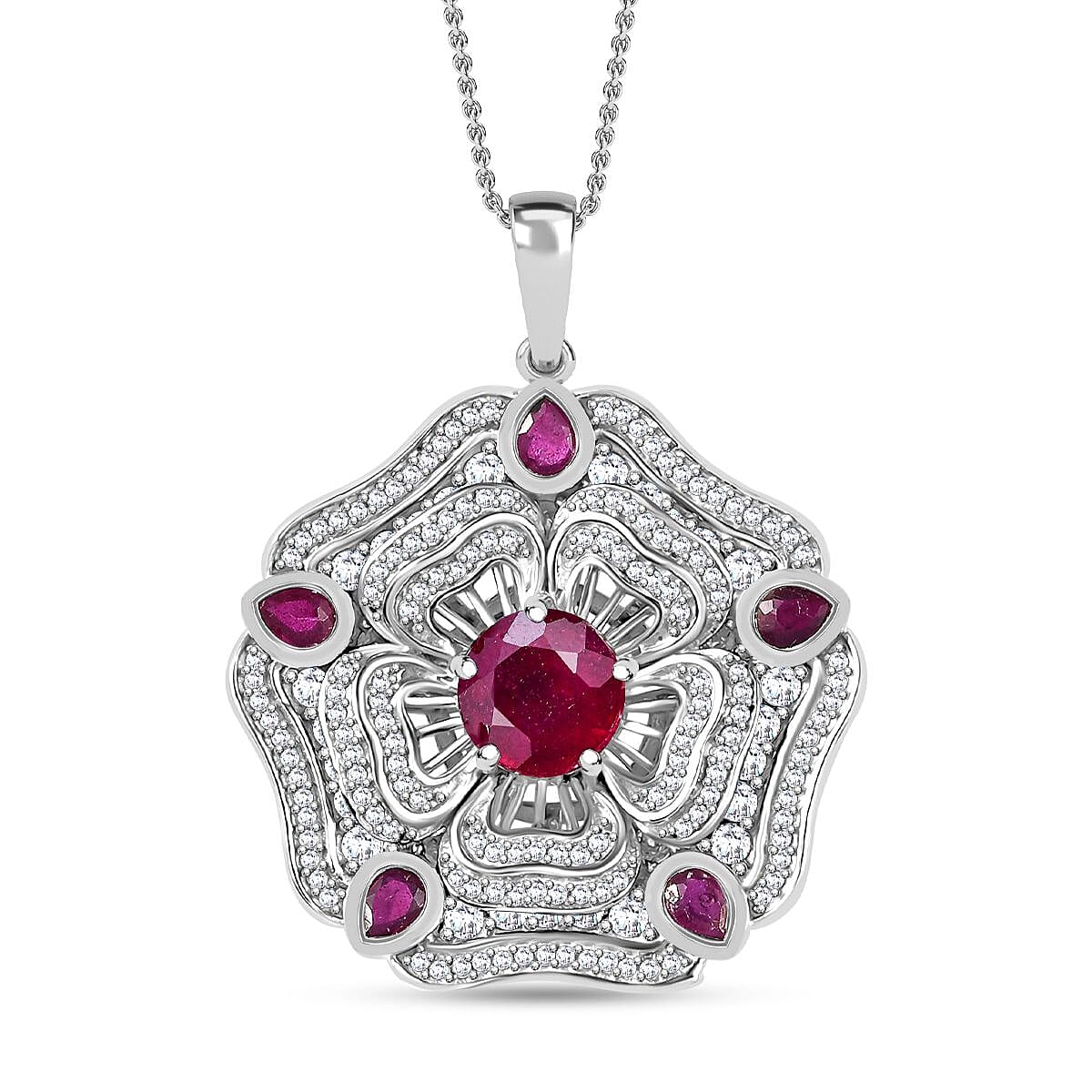 GP Italian Garden Collection Niassa Ruby (FF) and White Zircon 7.40 ctw Pendant Necklace in Rhodium Over Sterling Silver 20 Inches