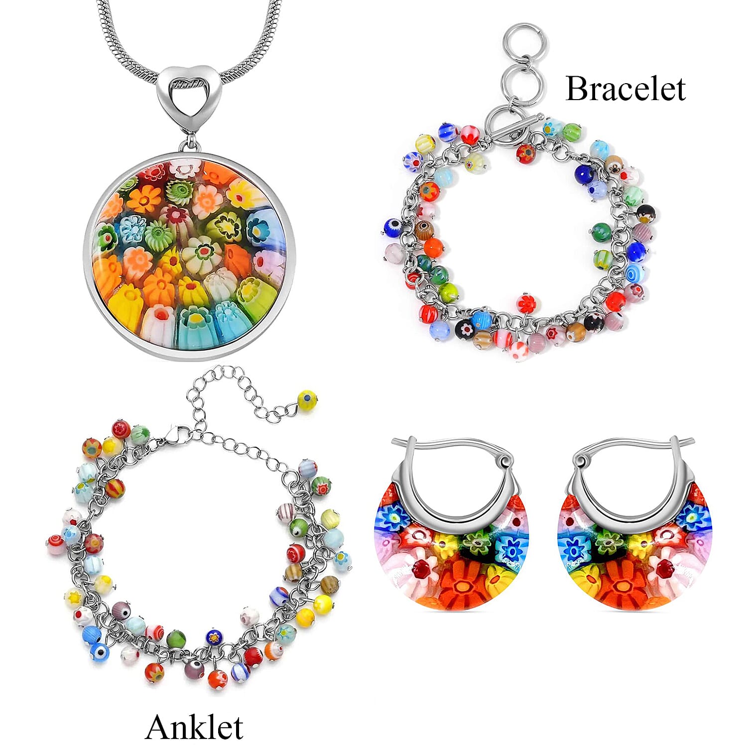 Set of 4 Multi Color Murano Style Beaded Charm Anklet (9-11 Inches), Bracelet, Basket Earrings and Pendant Necklace 24 Inches in Stainless Steel