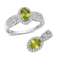 Peridot and White Zircon Pendant and Ring (Size 5.0) in Rhodium Over Sterling Silver 2.40 ctw