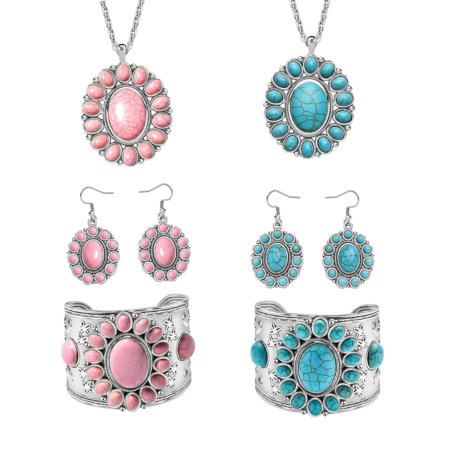 Set of 2, Blue and Pink Howlite Floral Cuff Bracelet (7.50-8.50 In), Earrings and Pendant Necklace (26-30 Inches) in Silvertone 275.00 ctw