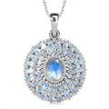 Premium Moon Glow Moonstone and Moissanite Moonlight Fountain Pendant Necklace 7.85 ctw in Rhodium Over Sterling Silver 20 Inches - Sticky add to cart bar