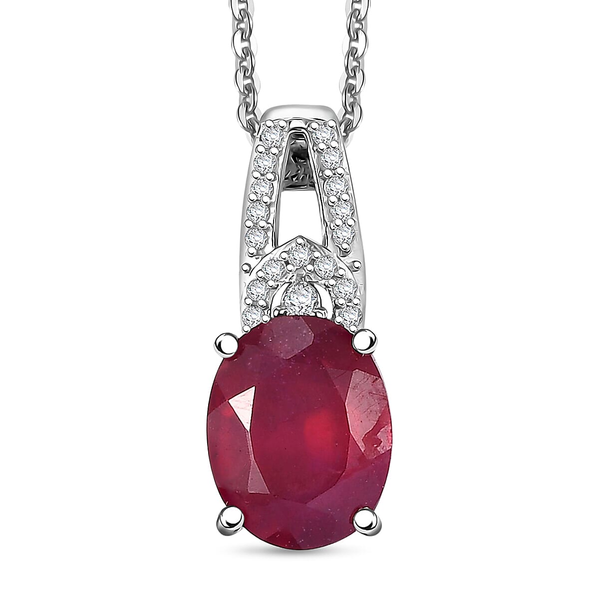 Niassa Ruby (FF) and White Zircon 3.00 ctw Pendant Necklace 20 Inches in Rhodium Over Sterling Silver