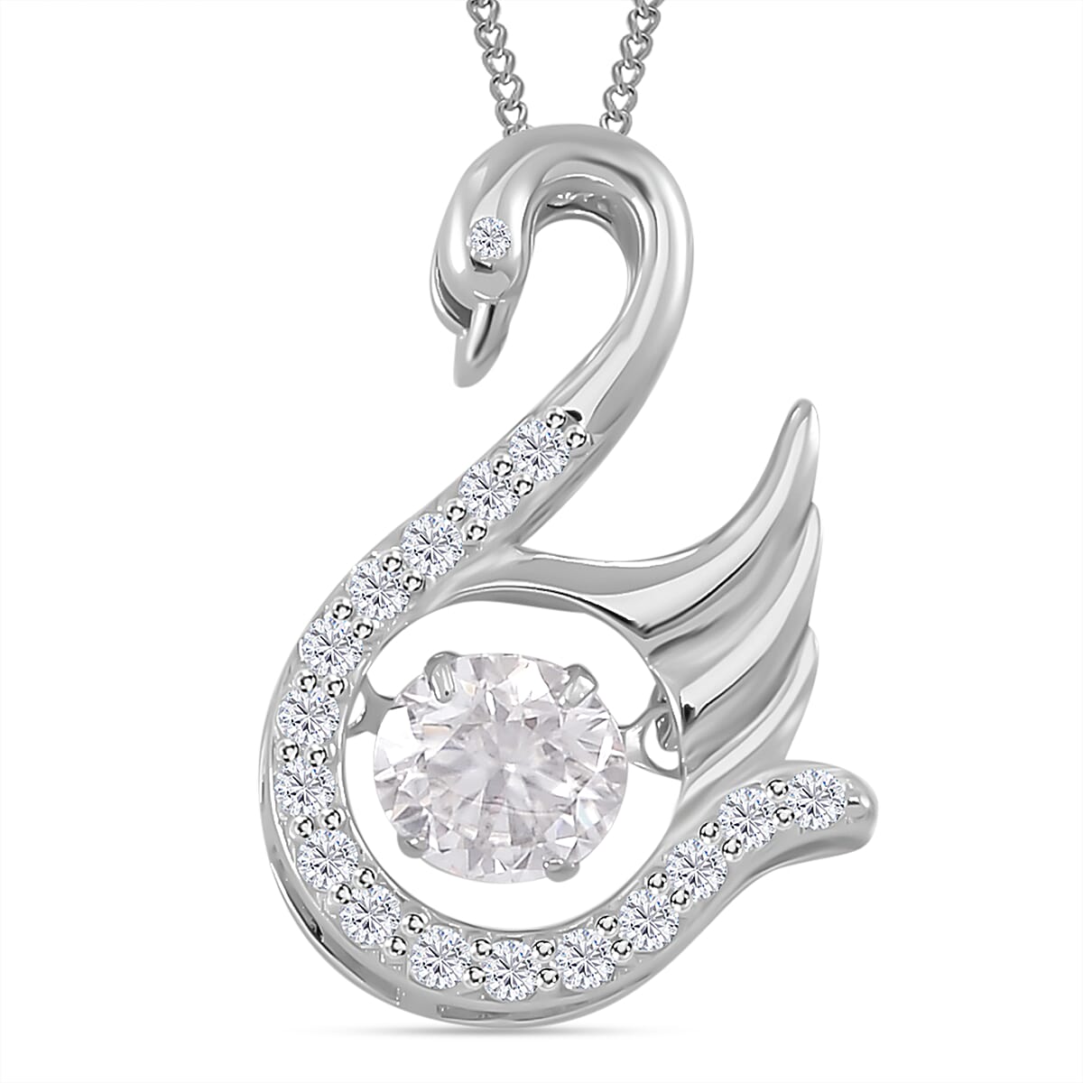 Moissanite (Rnd 6mm) Swan Dancing Pendant Necklace (20 Inches) in Rhodium Over Sterling Silver 1.00 ctw