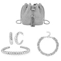 Twisted Cuff Bracelet (7.50In), Half Hoop Earrings, Byzantine Link Chain Bracelet (7.50-9.00In) in Stainless Steel and Austrian Crystal, with Tassel lock, Bucket Bag - Sticky add to cart bar