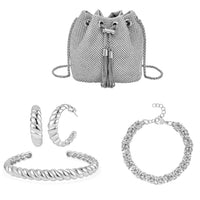 Twisted Cuff Bracelet (7.50In), Half Hoop Earrings, Byzantine Link Chain Bracelet (7.50-9.00In) in Stainless Steel and Austrian Crystal, with Tassel lock, Bucket Bag