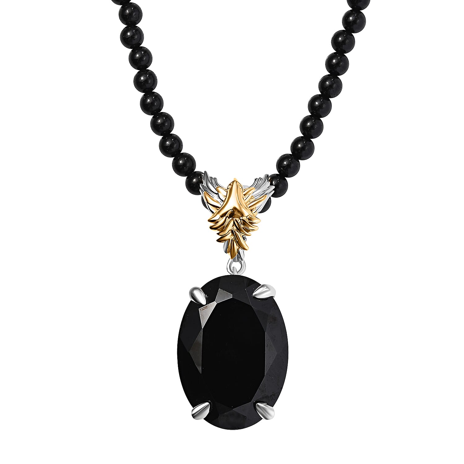 Epic Deal Thai Black Spinel Phoenix Pendant with Beaded Necklace (20 Inches) in 18K Vermeil YG and Rhodium Over Sterling Silver 109.60 ctw