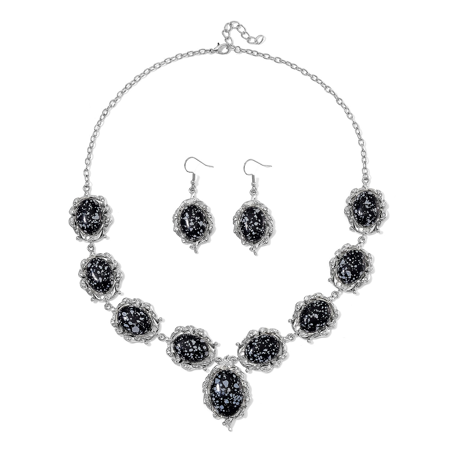 TLV Snowflake Jasper, Austrian Crystal Earrings and Necklace (20-22 Inches) in Silvertone 330.00 ctw