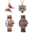 4 Pcs Set - Strada Japanese Movement Watch in Steel Stretch Strap with Glass, White & Aurora Borealis Austrian Crystal Butterfly and Tiger Head Pendant Necklace (24 In) in Rosetone - Sticky add to cart bar