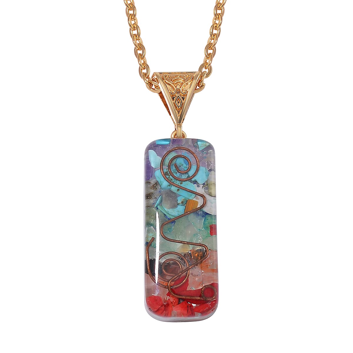 Multi Gemstone Chips 55.00 ctw Seven Chakra Pendant in Goldtone with ION Plated YG Stainless Steel Necklace (20 Inches)