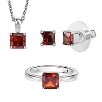 Simulated Red Diamond Ring (Size 11.5), 3.40 ctw Earrings and Pendant Necklace (20 Inches) in Stainless Steel