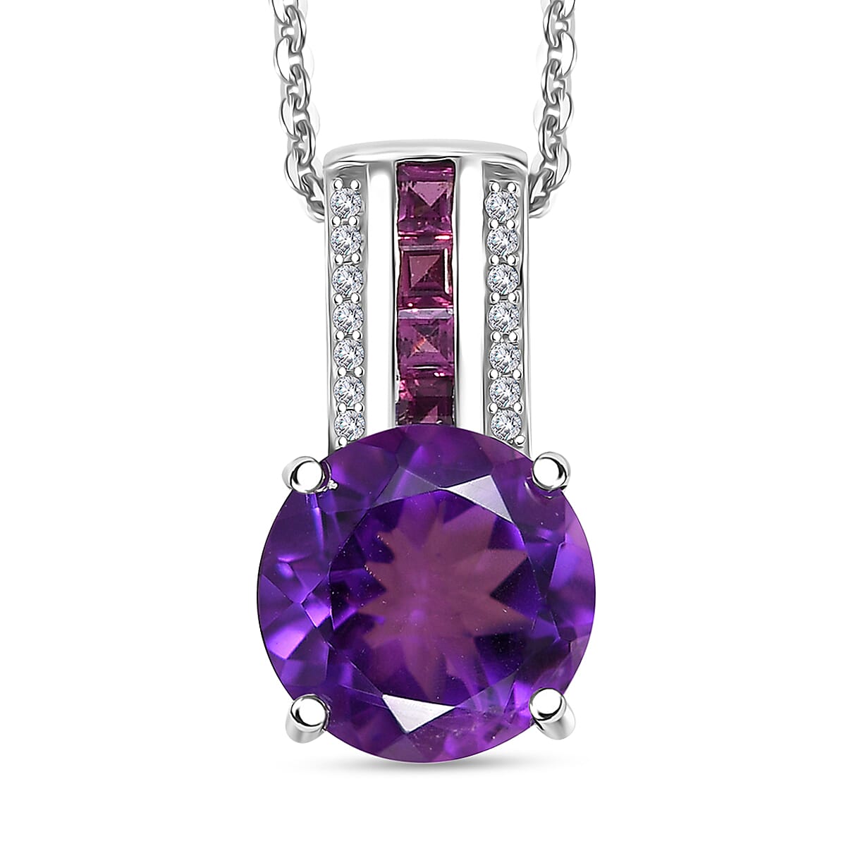 African Amethyst and Multi Gemstone 4.50 ctw Pendant Necklace in Rhodium Over Sterling Silver 20 Inches
