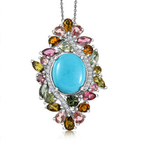 TLV Premium Sleeping Beauty Turquoise, Multi Gemstone Pendant Necklace (20 Inches) in Rhodium Over Sterling Silver 7.65 ctw