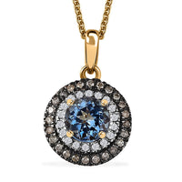 Luxoro AAA Santa Maria Aquamarine, Natural and White Diamond 1.47 ctw Double Halo Pendant Necklace 20 Inches in 14K Yellow Gold
