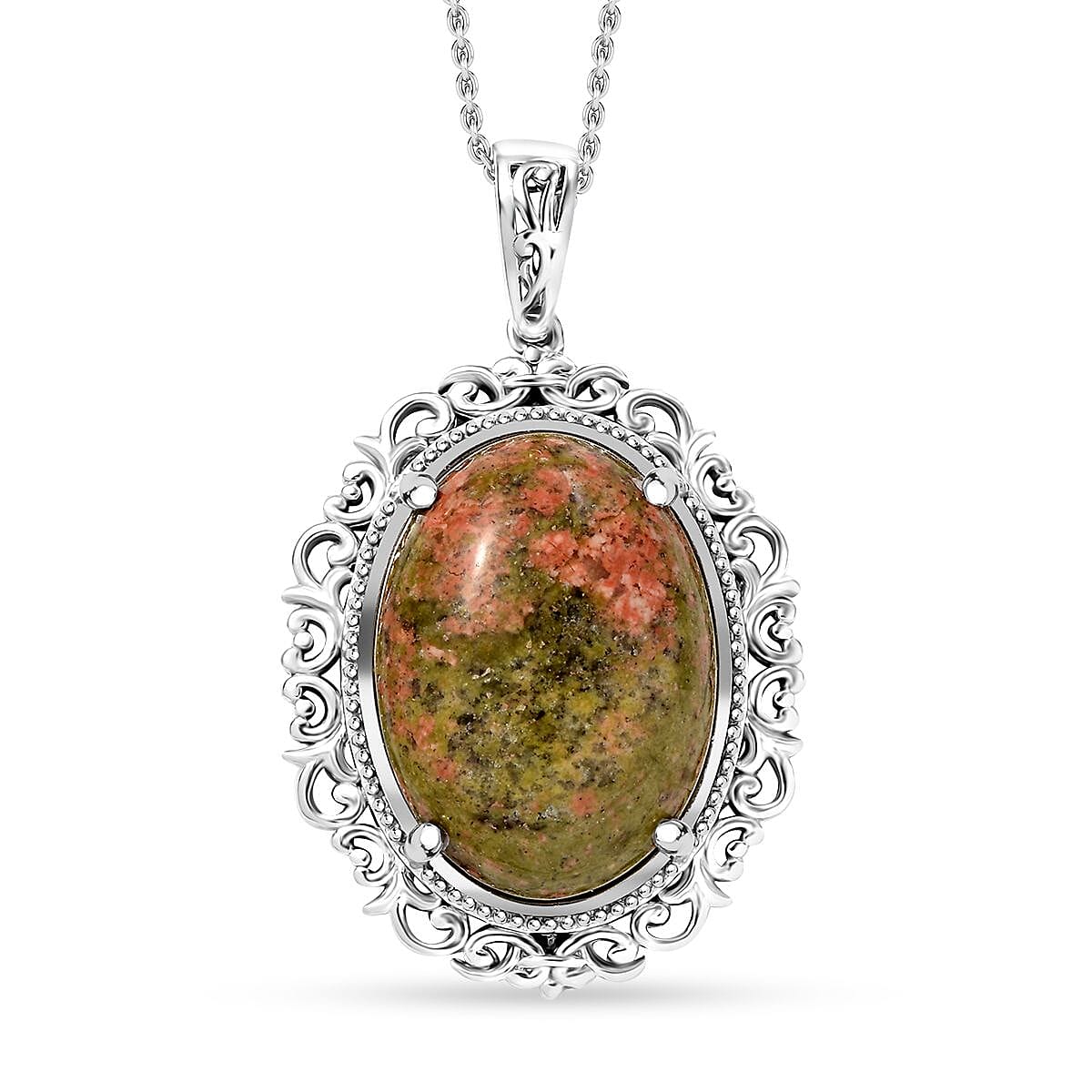 Karis Unakite 27.50 ctw Pendant in Platinum Bond with Stainless Steel Necklace 20 Inches