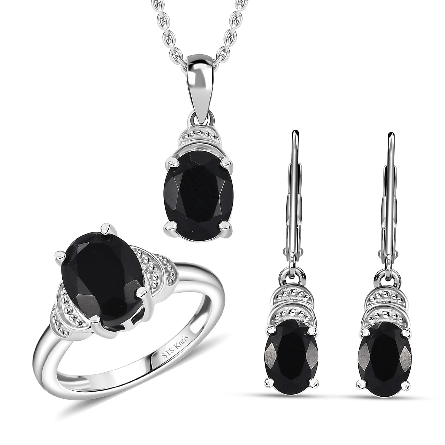Karis California Black Jade Earrings, Ring (Size 5.0) and Pendant in Platinum Bond with Stainless Steel Necklace (20 Inches) 5.40 ctw