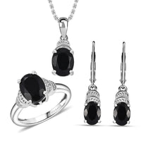 Karis California Black Jade Earrings, Ring (Size 5.0) and Pendant in Platinum Bond with Stainless Steel Necklace (20 Inches) 5.40 ctw