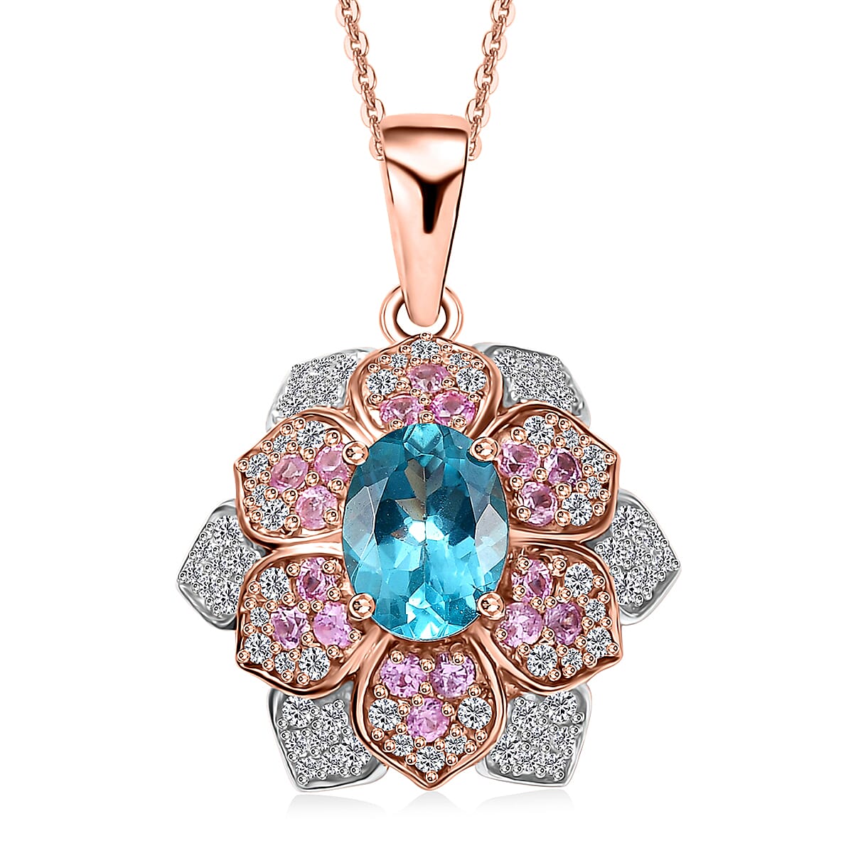 GP Italian Garden Collection Betroka Blue Apatite and Multi Gemstone 2.65 ctw Flower Pendant Necklace in 18K Vermeil Rose Gold Over Sterling Silver 20 Inches