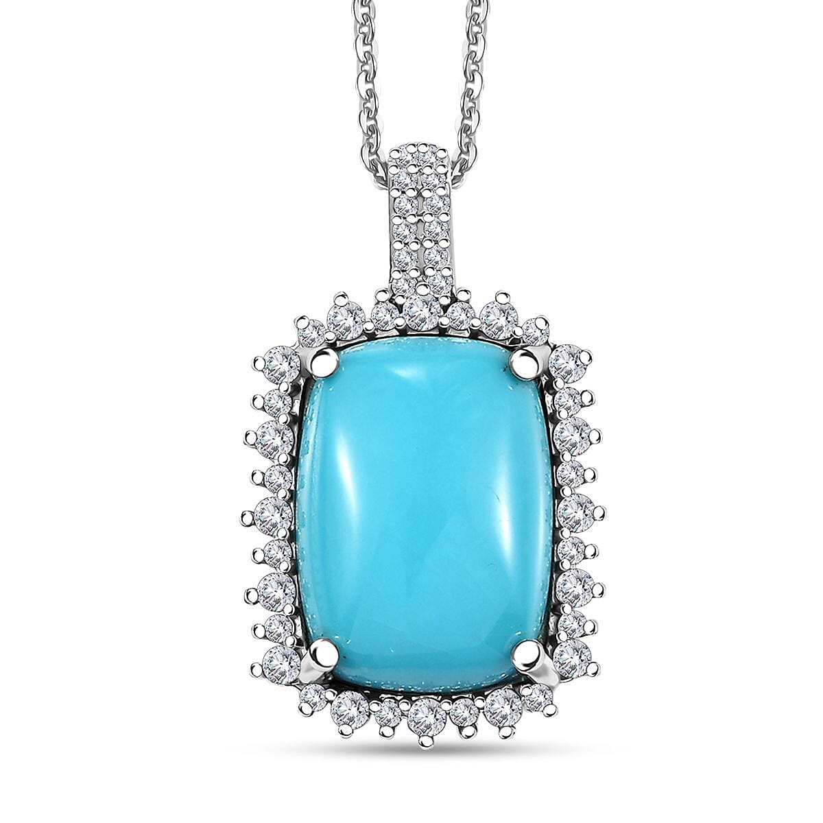 Sleeping Beauty Turquoise (Cush), Moissanite Sunburst Pendant Necklace (20 Inches) in Rhodium Over Sterling Silver 5.80 ctw