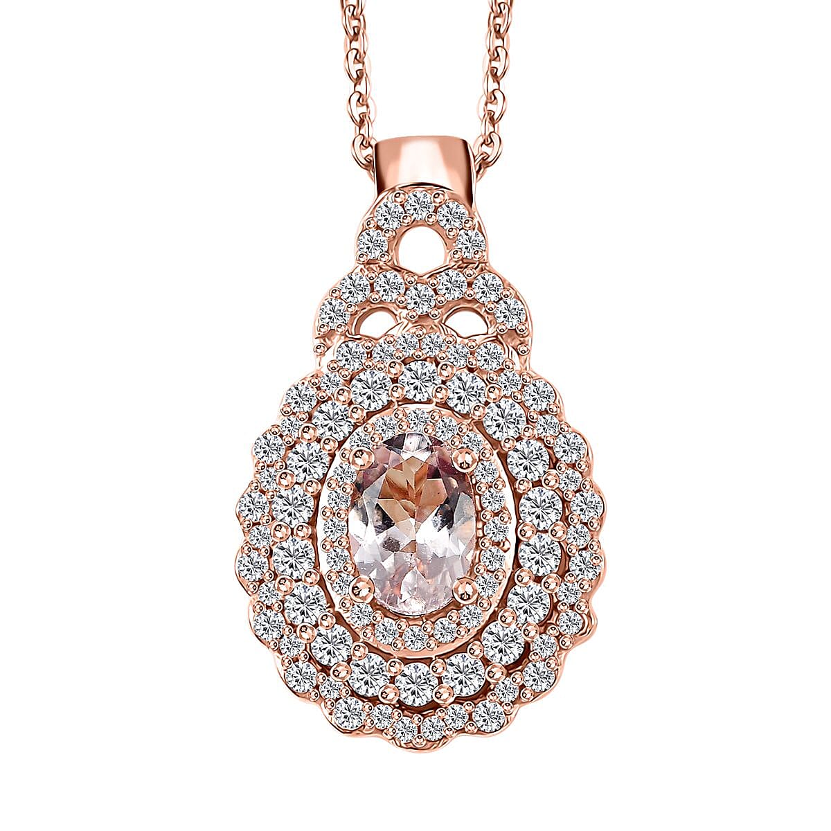 Pink Morganite and Moissanite 1.00 ctw Cherry Blossom Pendant Necklace in 18K Vermeil RG Over Sterling Silver 20 Inches