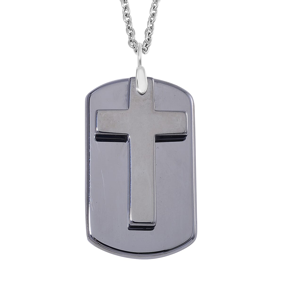 Terahertz 110.00 ctw Men's Dog Tag Pendant with Cross Charm in Rhodium Over Sterling Silver with Stainless Steel Necklace 24-26 Inches