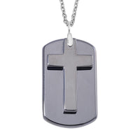 Terahertz 110.00 ctw Men's Dog Tag Pendant with Cross Charm in Rhodium Over Sterling Silver with Stainless Steel Necklace 24-26 Inches