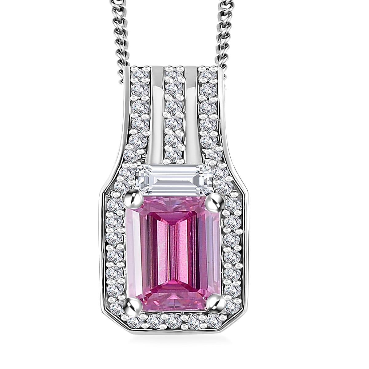 Lotus Pink Moissanite (Oct 7x5mm), Moissanite Art Deco Pendant Necklace (20 Inches) in Rhodium Over Sterling Silver 1.25 ctw