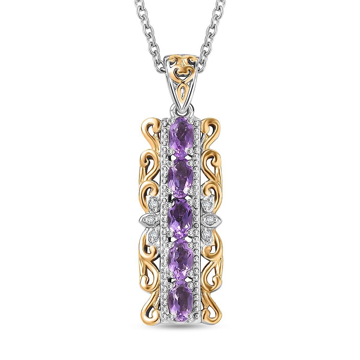 Karis African Amethyst, White Zircon Pendant in 18K YG Plated and Platinum Bond with Stainless Steel Necklace (20 Inches) 1.20 ctw