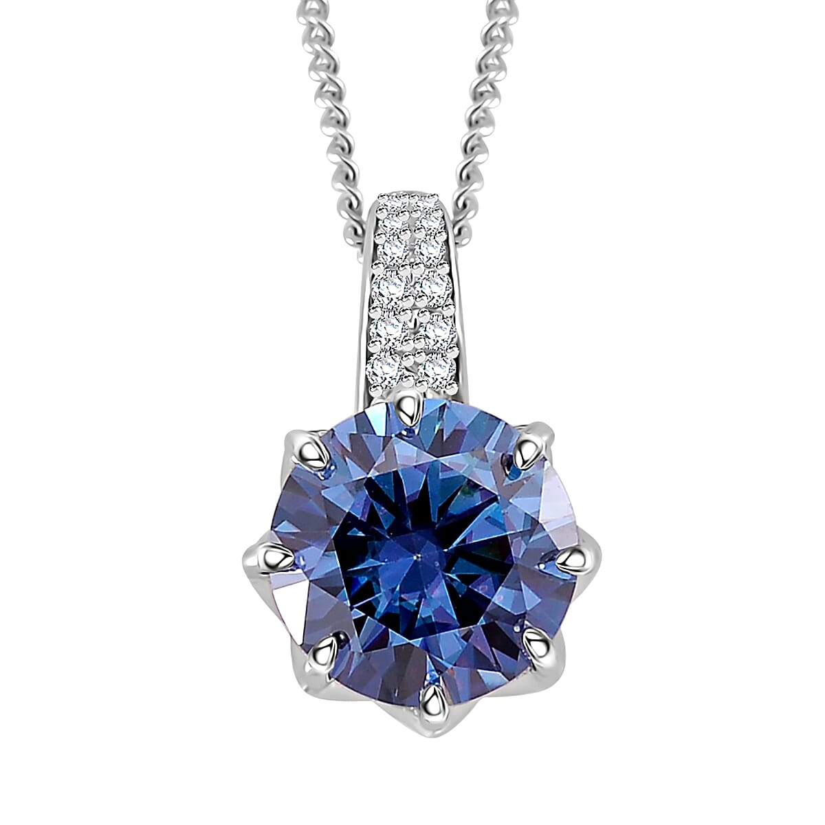 Sapphire Blue Moissanite (Ovl 7x5mm), Moissanite Crown of Petals Pendant Necklace (20 Inches) in Rhodium Over Sterling Silver 2.70 ctw