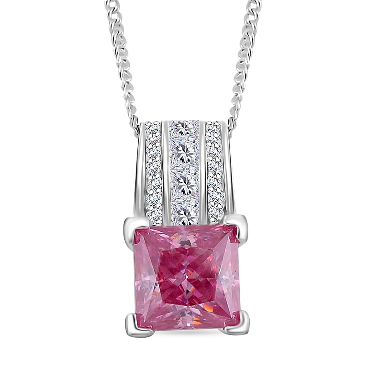 Lotus Pink and White Moissanite 2.00 ctw Bridge Pendant Necklace in Rhodium Over Sterling Silver 20 Inches
