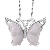 Natural Jade and White Zircon 7.15 ctw Butterfly Pendant Necklace in Rhodium Over Sterling Silver 20 Inches