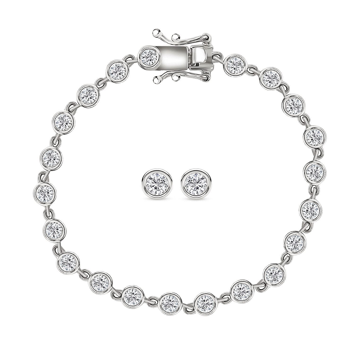 Doorbuster Moissanite 3.15 ctw Bracelet (6.50In) and Stud Earrings in Rhodium Over Sterling Silver