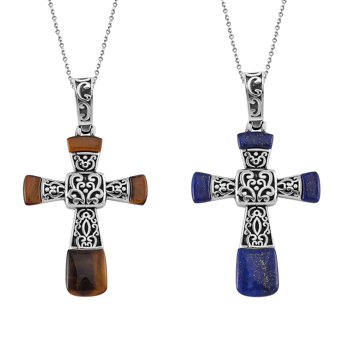 Set of 2 Yellow Tiger Eye and Lapis Lazuli Inlay 14.20 ctw Cross Pendant Necklace in Stainless Steel 24 Inches