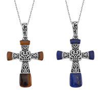 Set of 2 Yellow Tiger Eye and Lapis Lazuli Inlay 14.20 ctw Cross Pendant Necklace in Stainless Steel 24 Inches