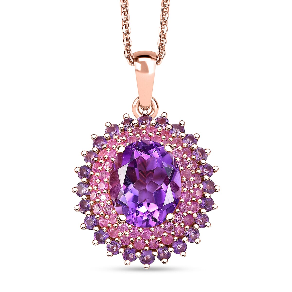 Moroccan Rose and Multi Gemstone 6.90 ctw Twilight Blossom Pendant Necklace in 18K Vermeil Rose Gold Over Sterling Silver 20 Inches