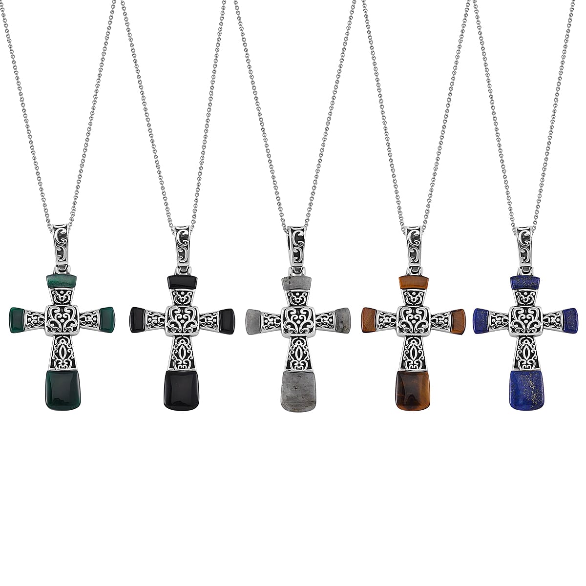 Set of 5 Multi Gemstone Inlay 35.50 ctw Cross Pendant Necklace in Stainless Steel 24 Inches