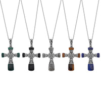 Set of 5 Multi Gemstone Inlay 35.50 ctw Cross Pendant Necklace in Stainless Steel 24 Inches