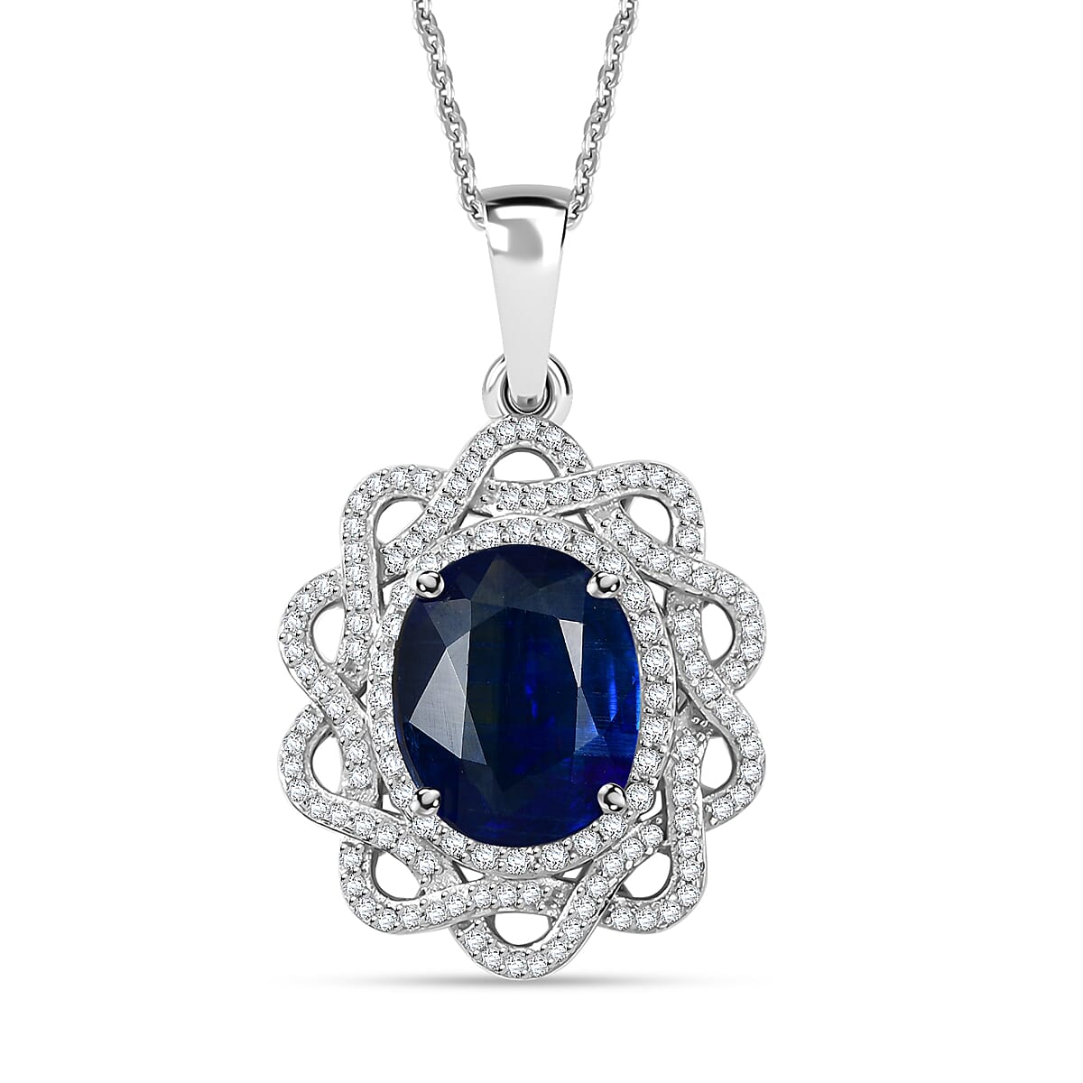 Kashmir Kyanite and Moissanite 5.40 ctw Galaxy Pendant Necklace in Rhodium Over Sterling Silver 20 Inches