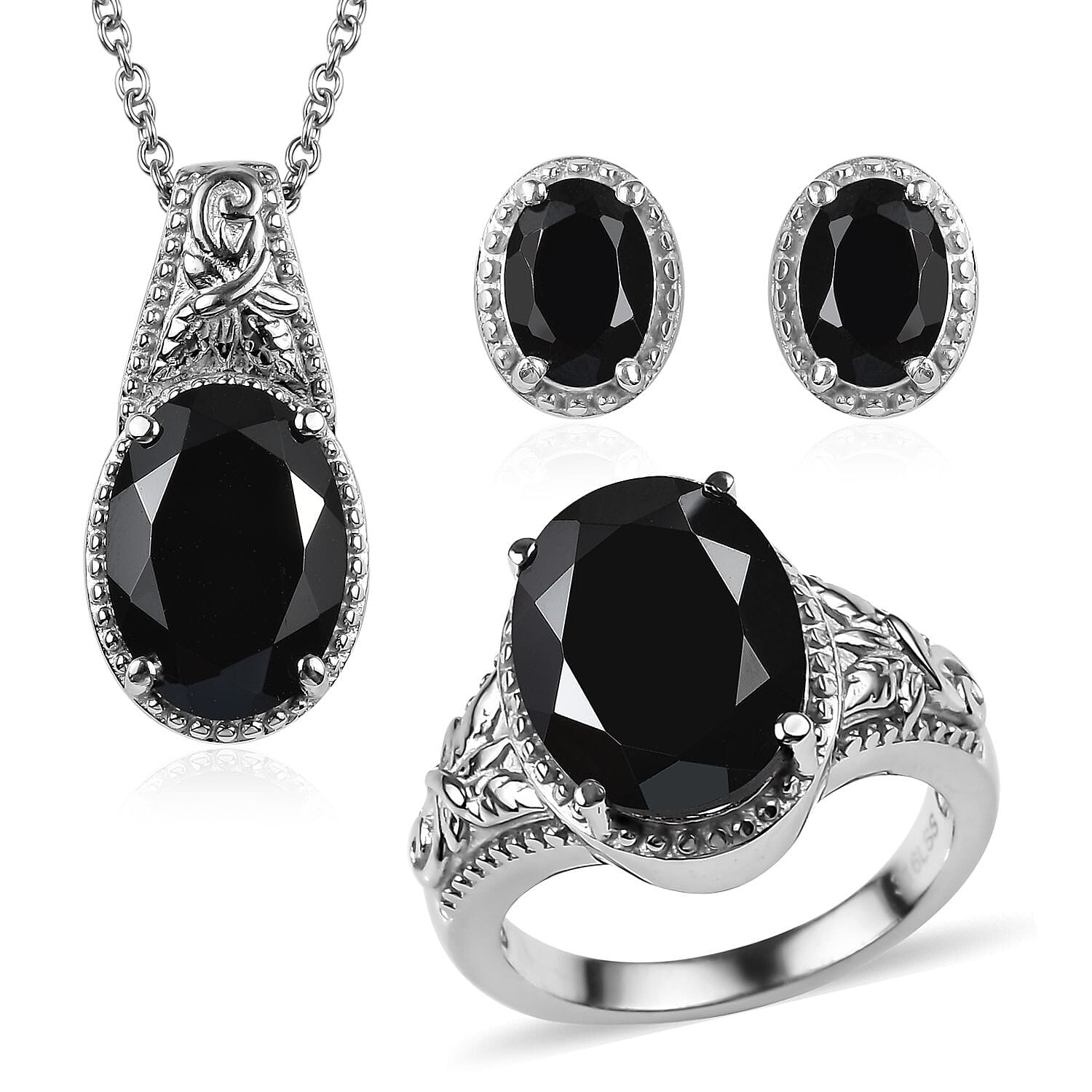 Doorbuster Thai Black Spinel Stud Earrings, Solitaire Ring (Size 5.0) and Pendant Necklace (20 Inches) in Stainless Steel 11.70 ctw