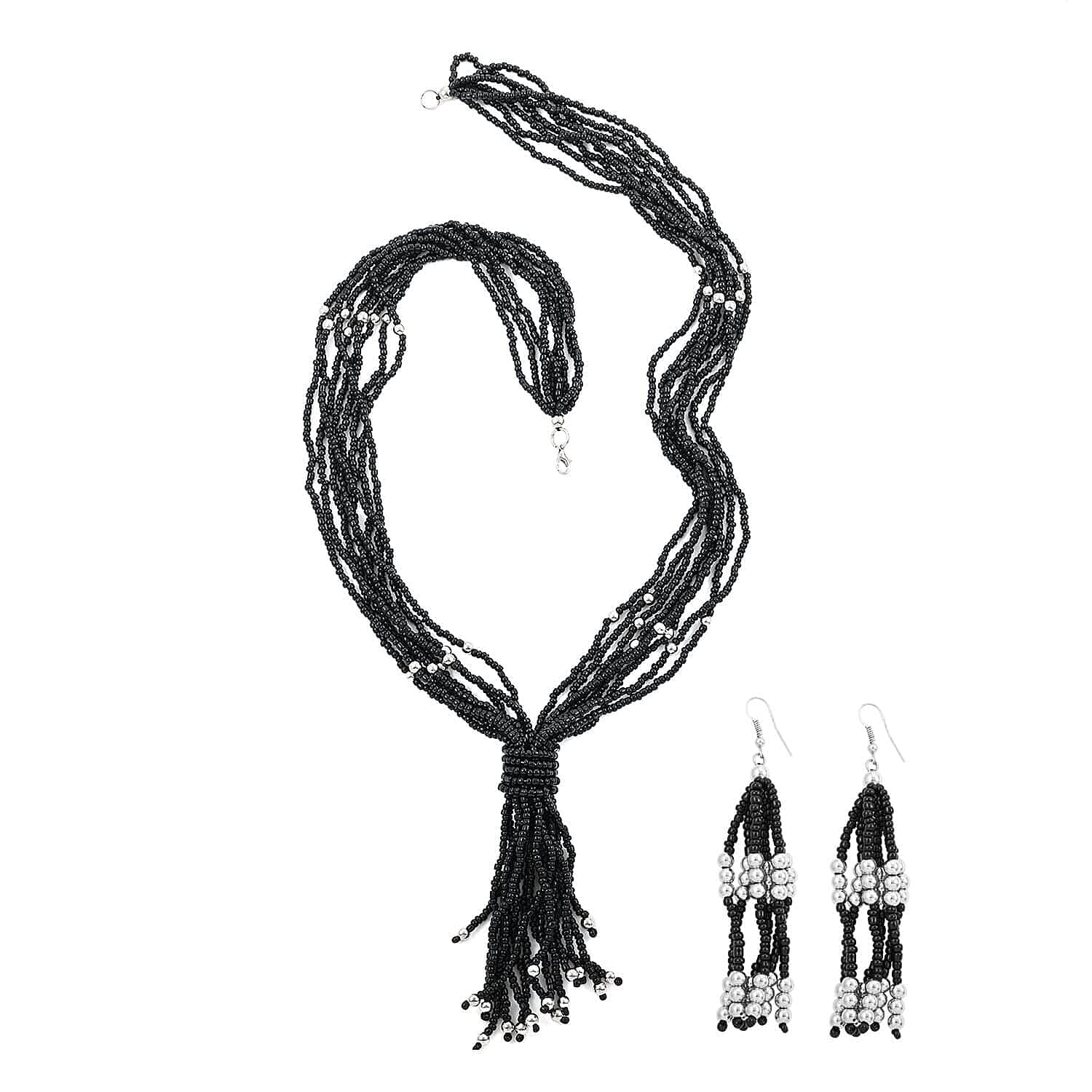 Black Resin and Ceramic Seed Bead Dangle Earrings and Multi Strand Necklace in Stainless Steel