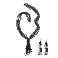Black Resin and Ceramic Seed Bead Dangle Earrings and Multi Strand Necklace in Stainless Steel