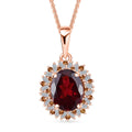 Premium Radiant Ember Garnet, Red and White Diamond 2.40 ctw Crimson Sunburst Pendant Necklace in 18K Vermeil Rose Gold Over Sterling Silver 20 Inches - Sticky add to cart bar