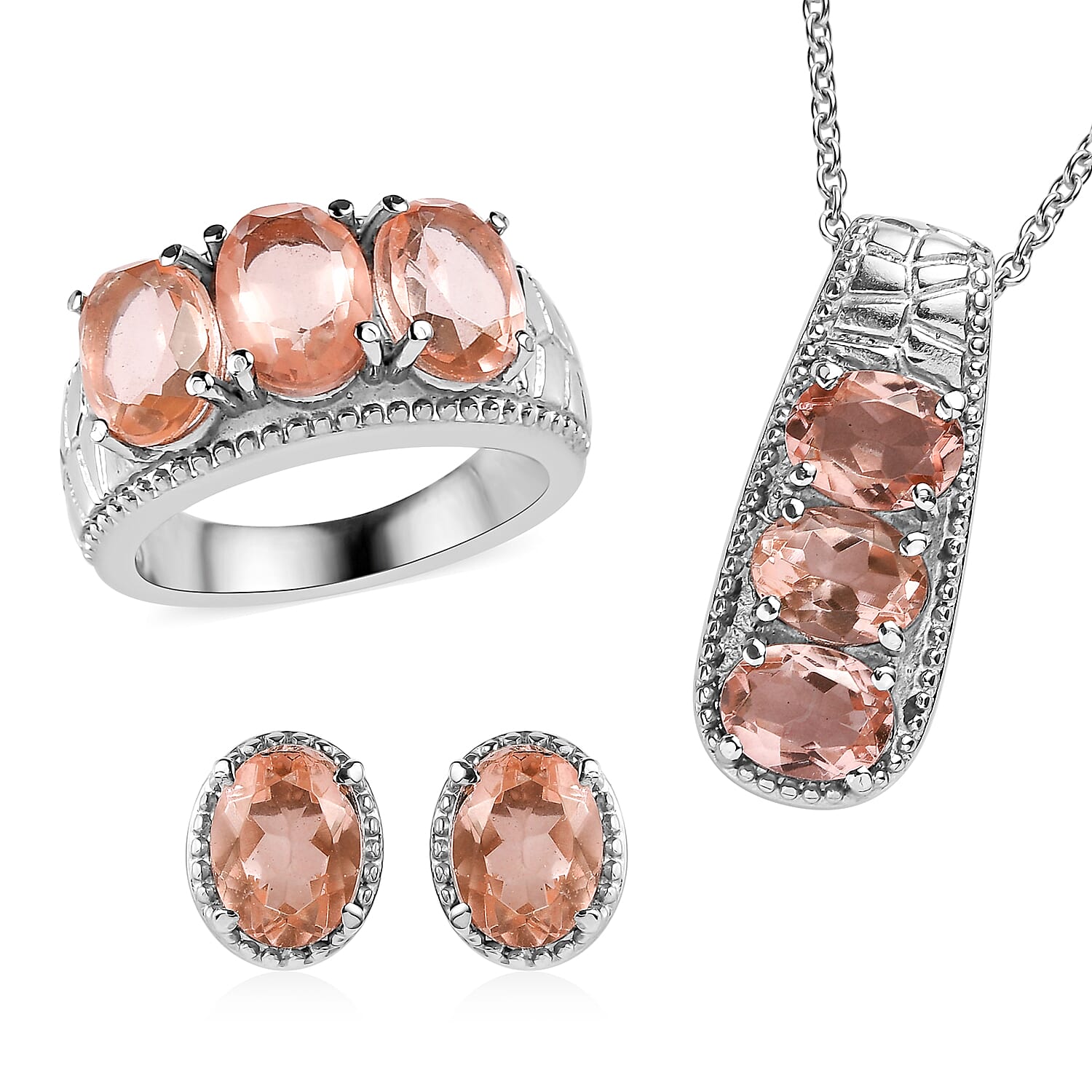 3 Piece Set - Morganique Quartz Stud Earrings, Ring (Size 5) and Pendant Necklace (20 Inches) in Stainless 10.75 ctw