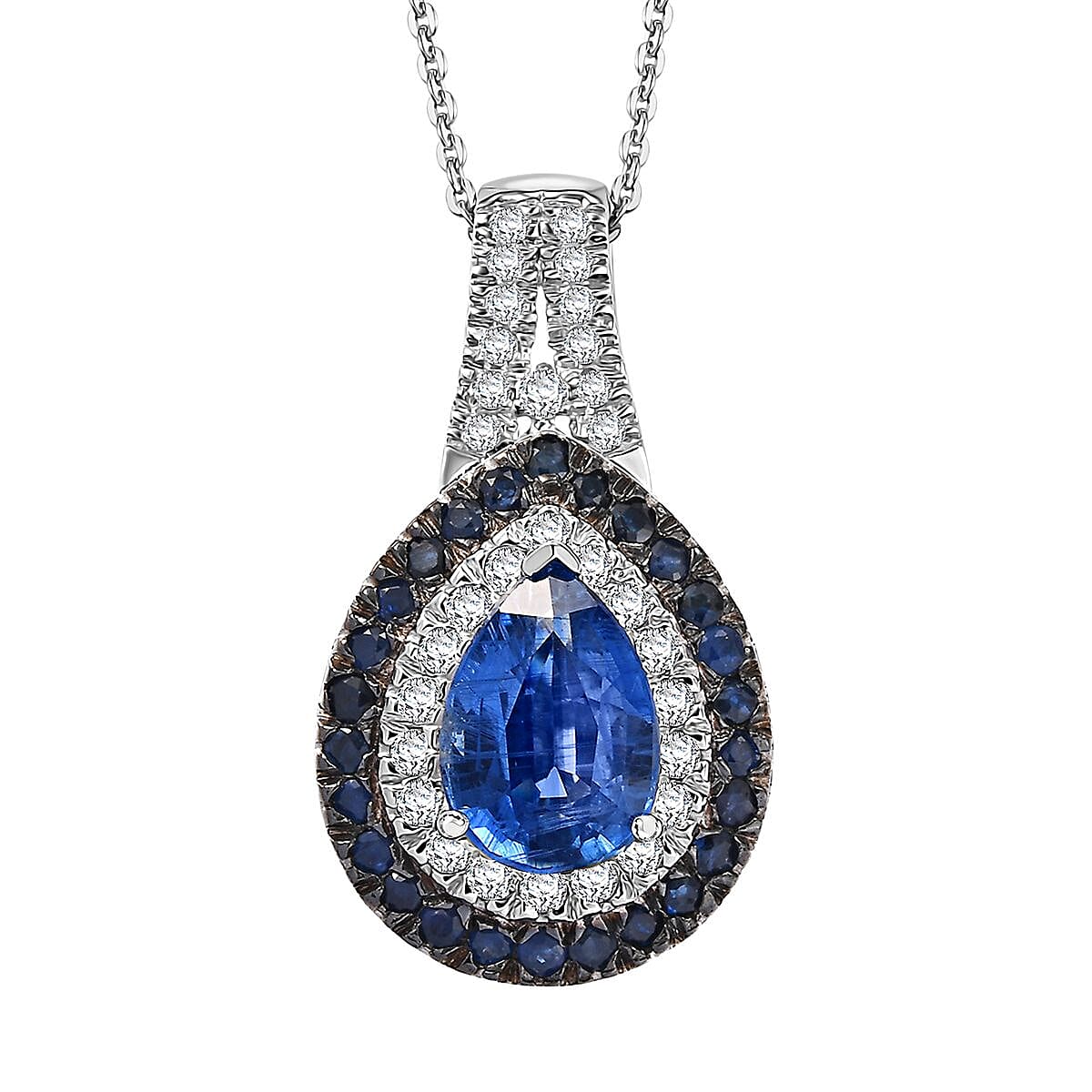 Kashmir Kyanite and Multi Gemstone 3.40 ctw Floral Double Halo Pendant Necklace 20 Inches in Rhodium Over Sterling Silver