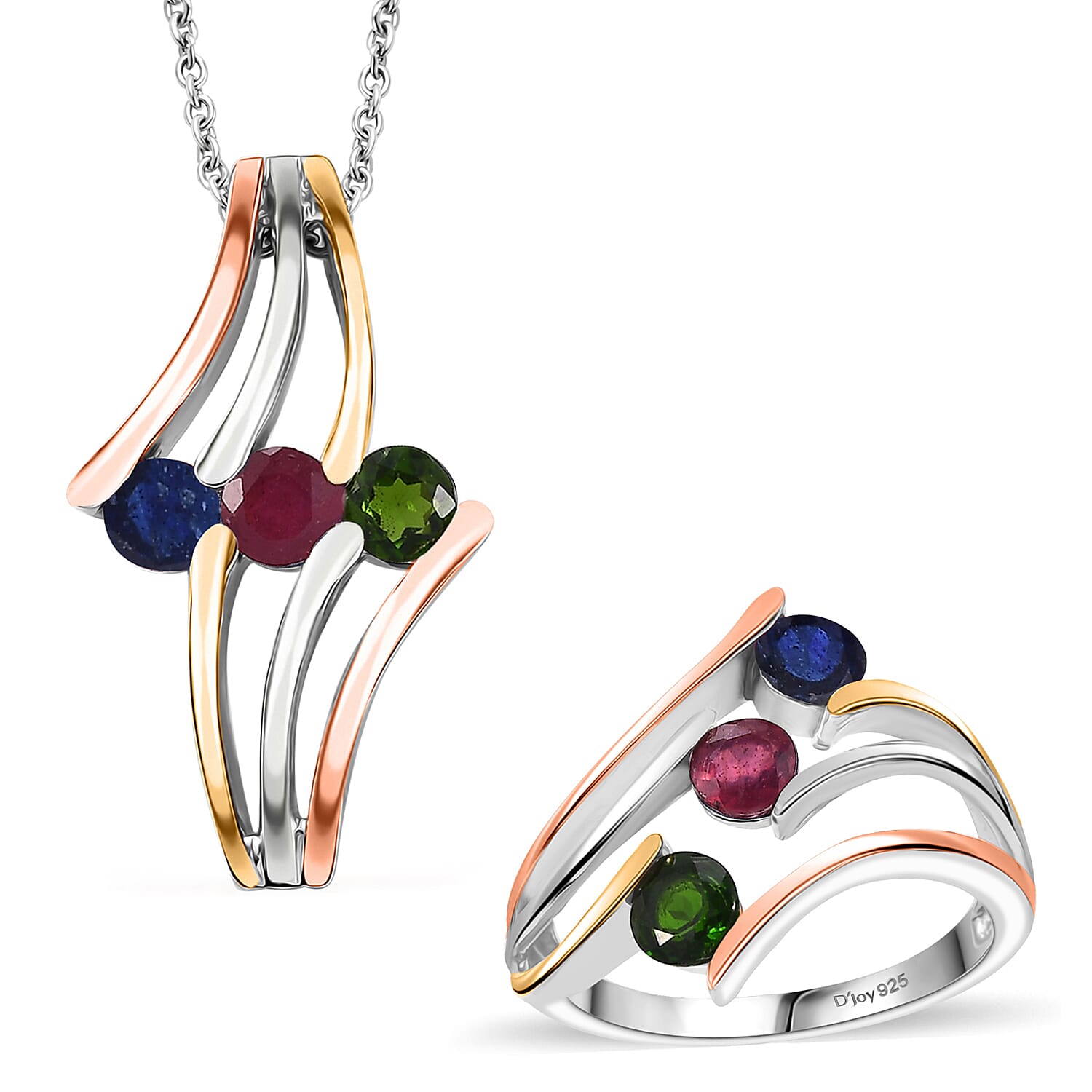 Multi Gemstone 3 Stone Ring (Size 7.0) and Pendant in Rhodium Over Sterling Silver with Stainless Steel Necklace (20 Inches) 2.00 ctw