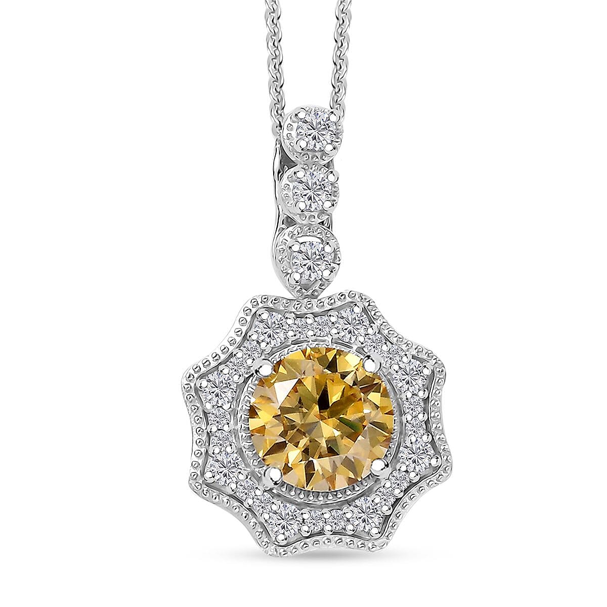 Yellow and White Moissanite 2.25 ctw Sunflower Pendant Necklace Rhodium Over Sterling Silver 20 Inches