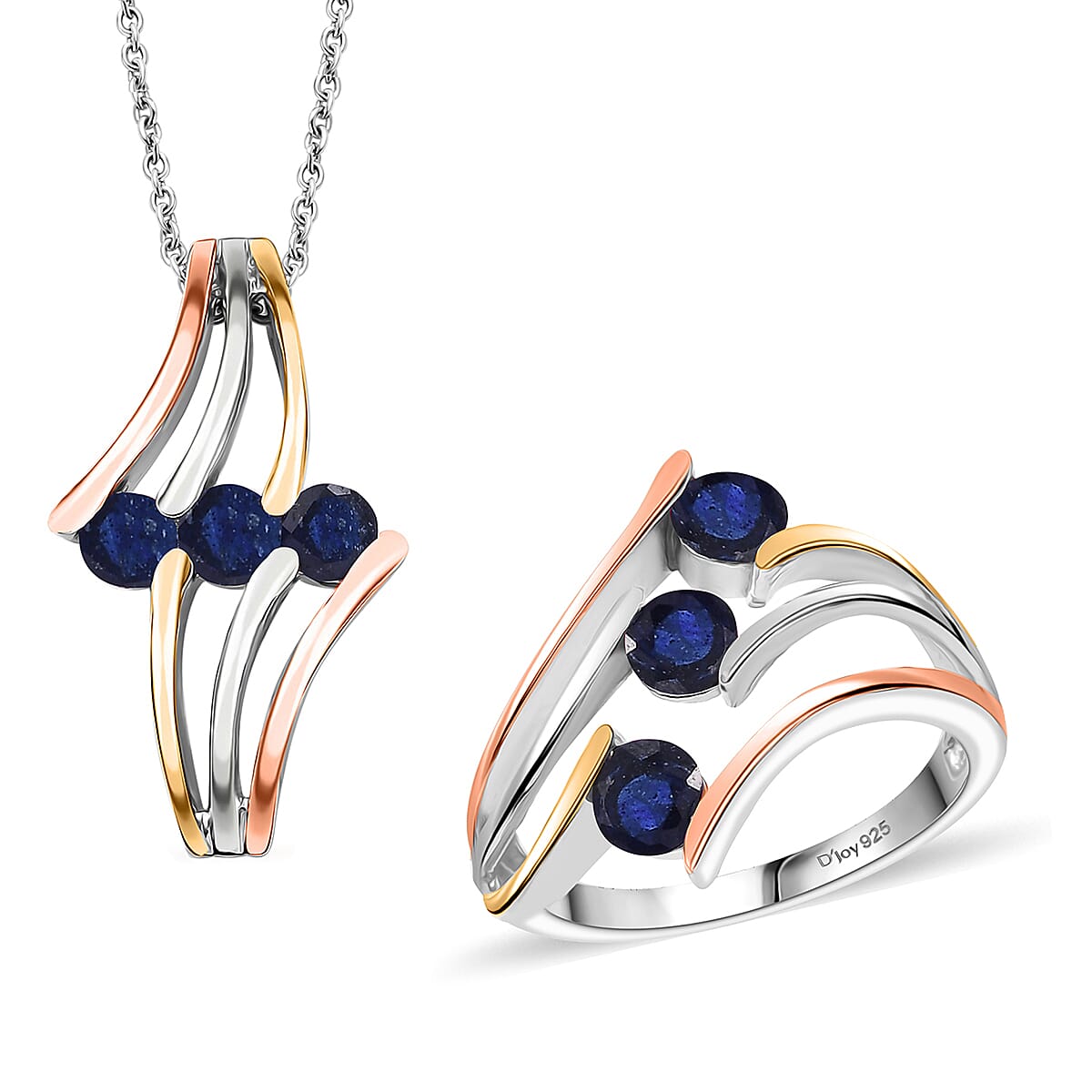 Multi Gemstone 3 Stone Ring (Size 7.0) and Pendant in Rhodium Over Sterling Silver with Stainless Steel Necklace (20 Inches) 2.00 ctw