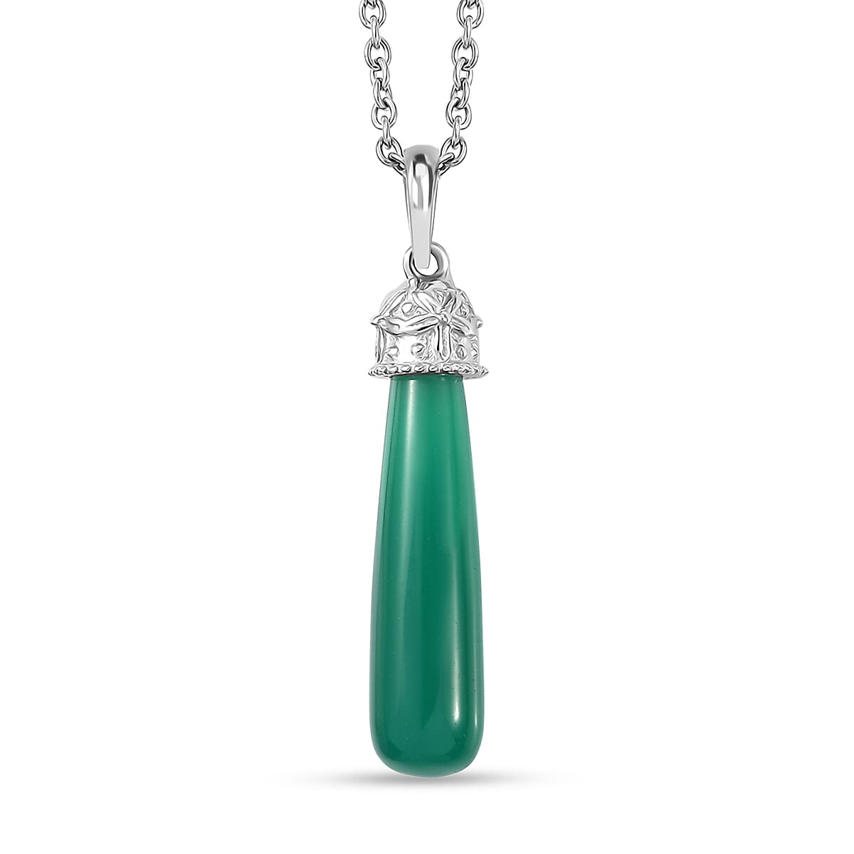 Verde Onyx 6.85 ctw Floral on Cap Pendant Necklace 20 Inches in Rhodium Over Sterling Silver