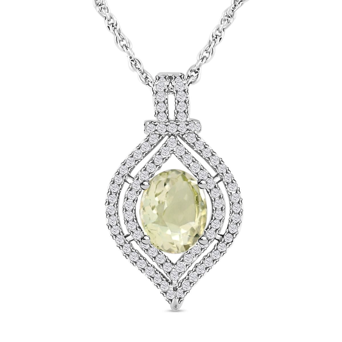 Simulated Prasiolite and Simulated Diamond 3.80 ctw Pendant Necklace in Silvertone 18 Inches